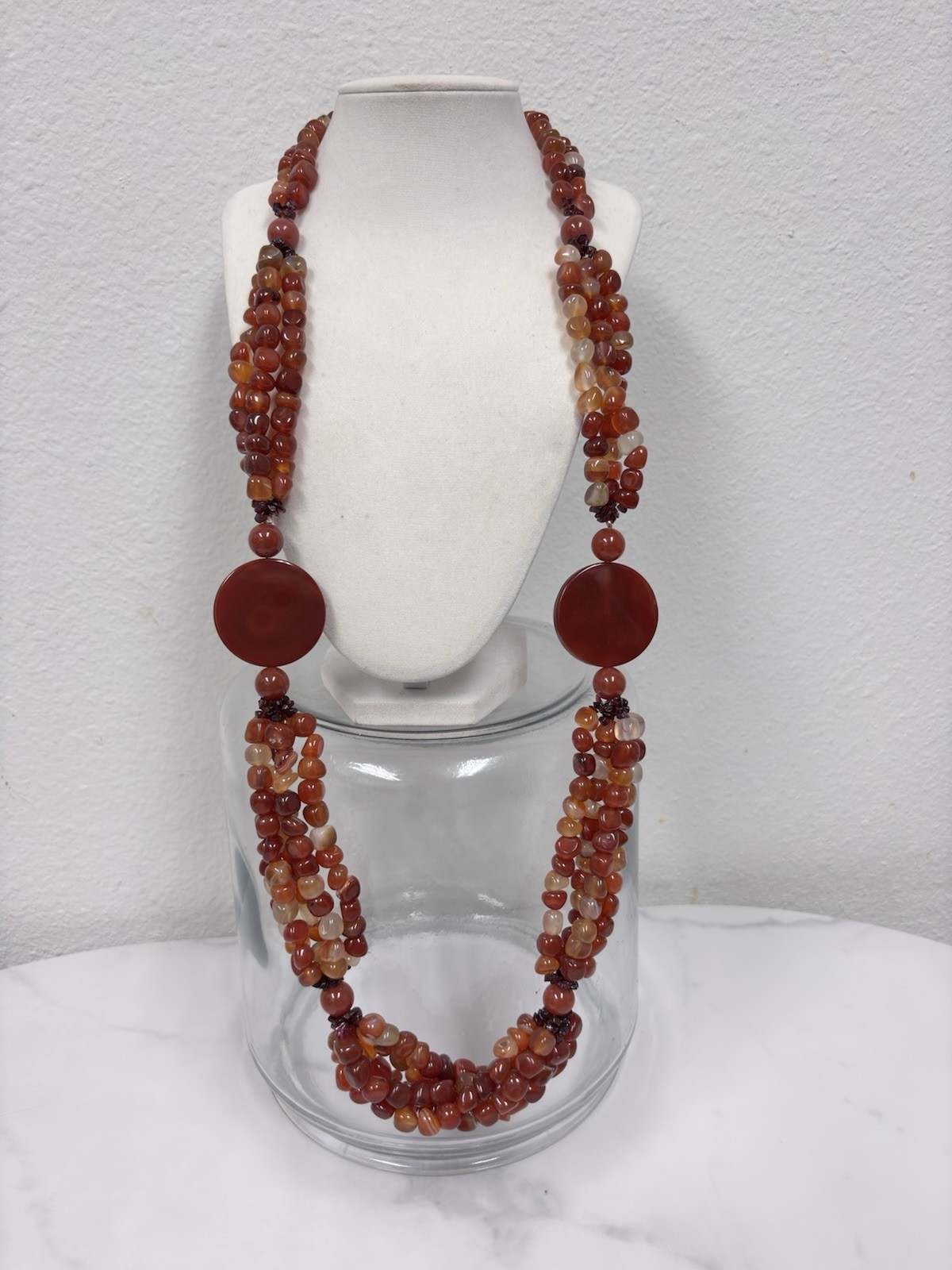 Genuine Carnelian Stone necklace 32” Hand Beaded W Smoky Quartz Bracelet 925