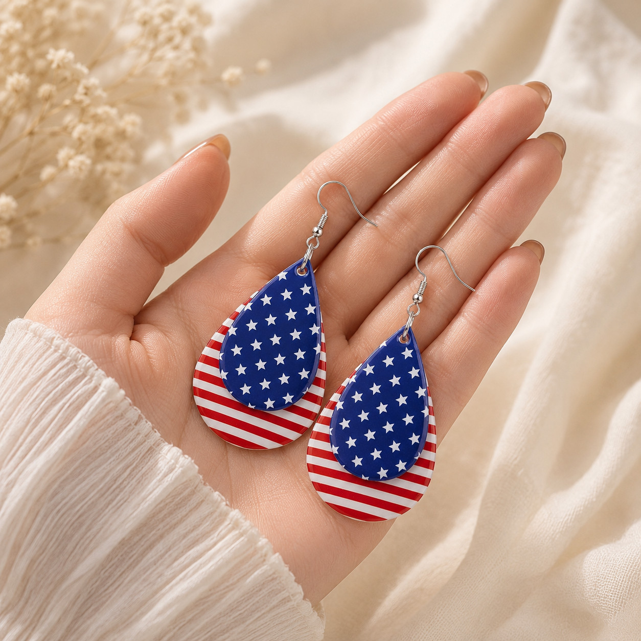 Patriotic American Flag Teardrop Earrings 4th of July Memorial Day Women Gift