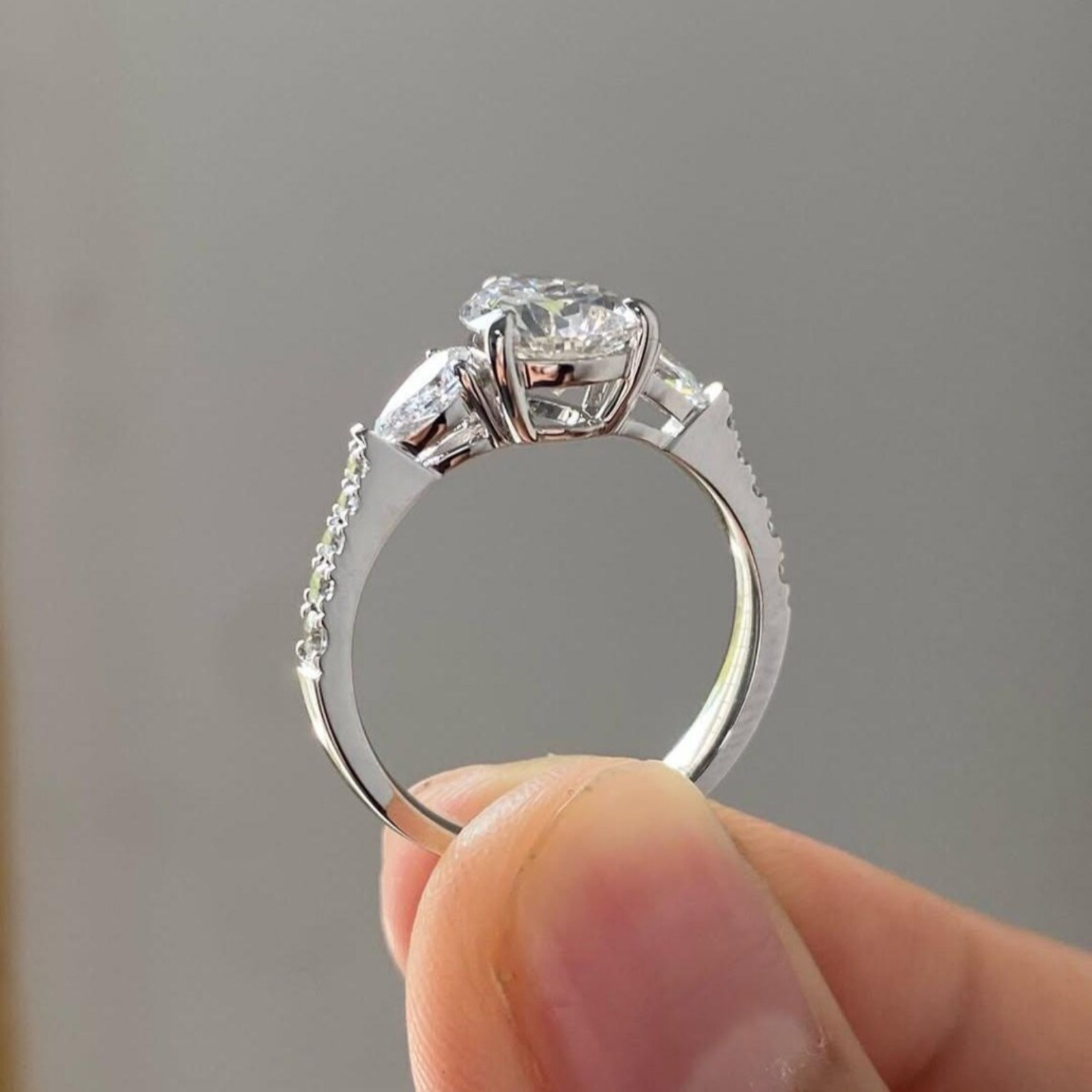 1.50 CT Three Stone Pear Cut Lab Grown Diamond Engagement Ring | 14k White Gold