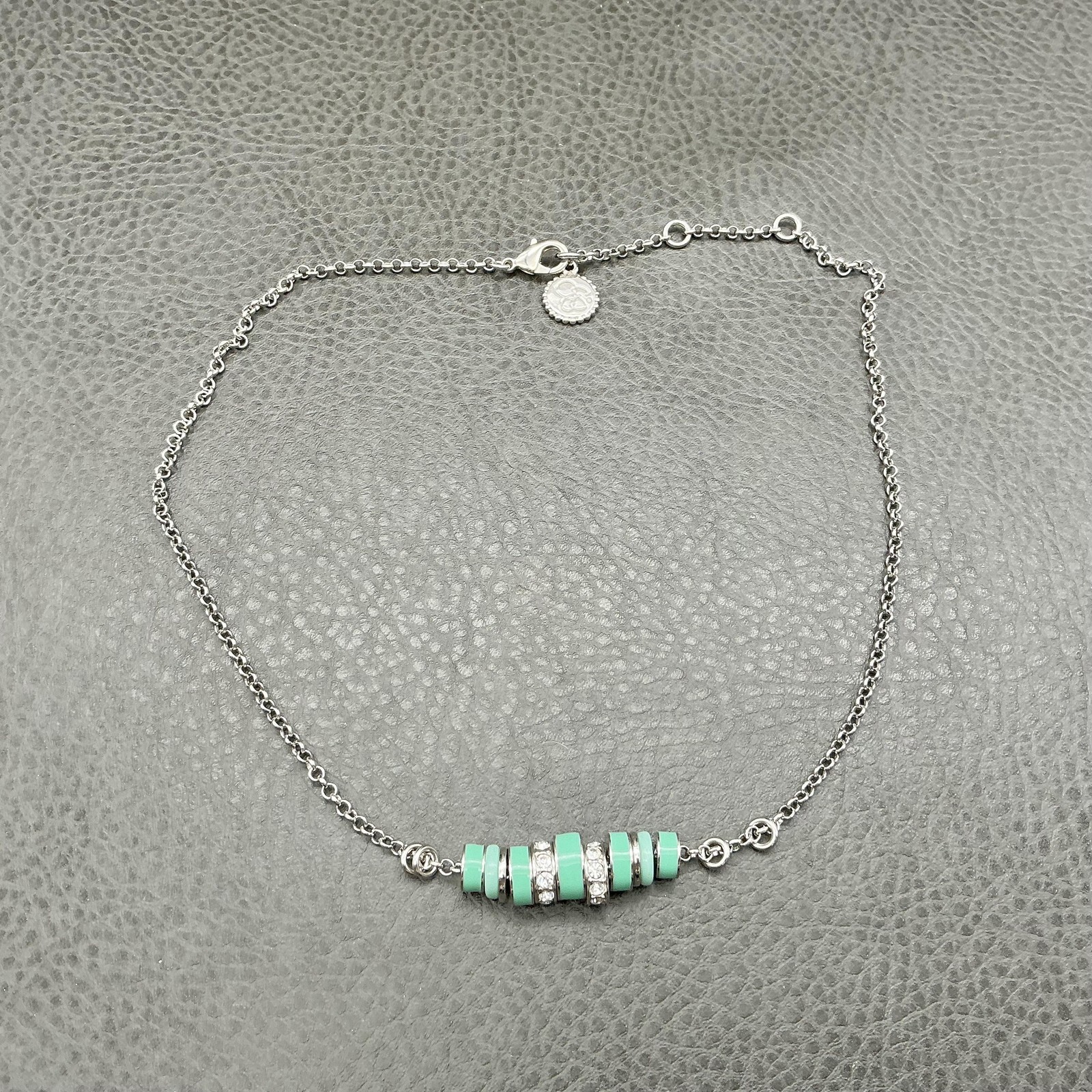 Jessica Simpson Silver Tone Mint Enamel Pave Crystal Station Beaded Womens 19″