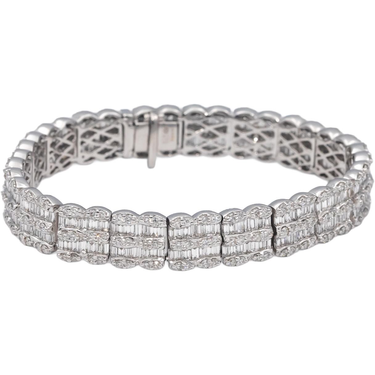 18k White Gold VS Round & Baguette Cut Diamond Fancy Link Bracelet 9.99CTW