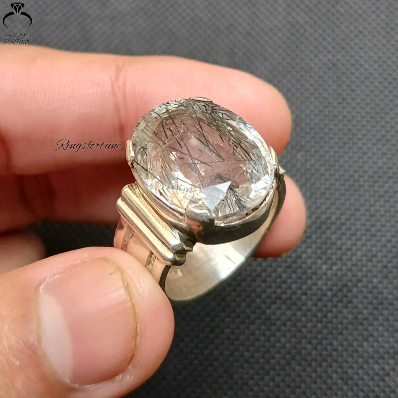 Authentic Black Rutile Moh e Najaf Quartz Silver Ring Spiritual Gift
