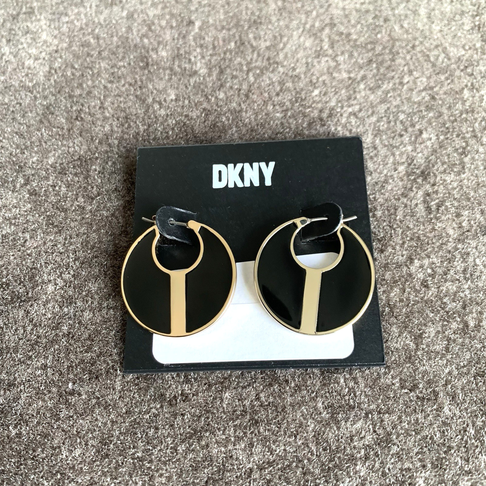 DKNY Gold-Tone Black Flat Disc Circle Drop Earrings Hinged