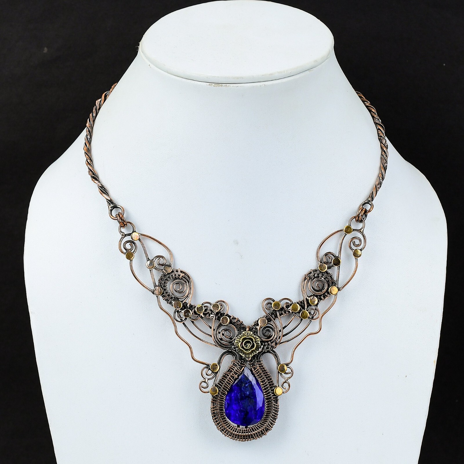 Gift Wire Wrapped Flower Chain Adjustable Necklace Copper Blue Saphire 18.0″