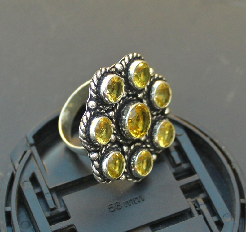 Citrine Cluster Ring | Vintage Style Citrine Ring | Yellow Gemstone silver ring