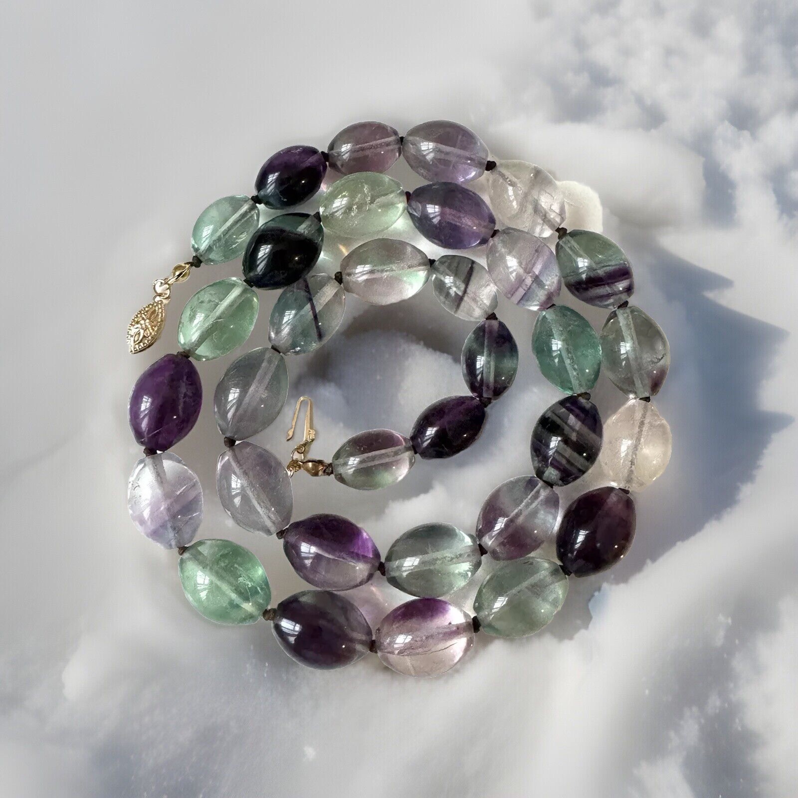 Stunning Natural Fluorite gemstone oval shape hand knotted,gold filled clasp115g