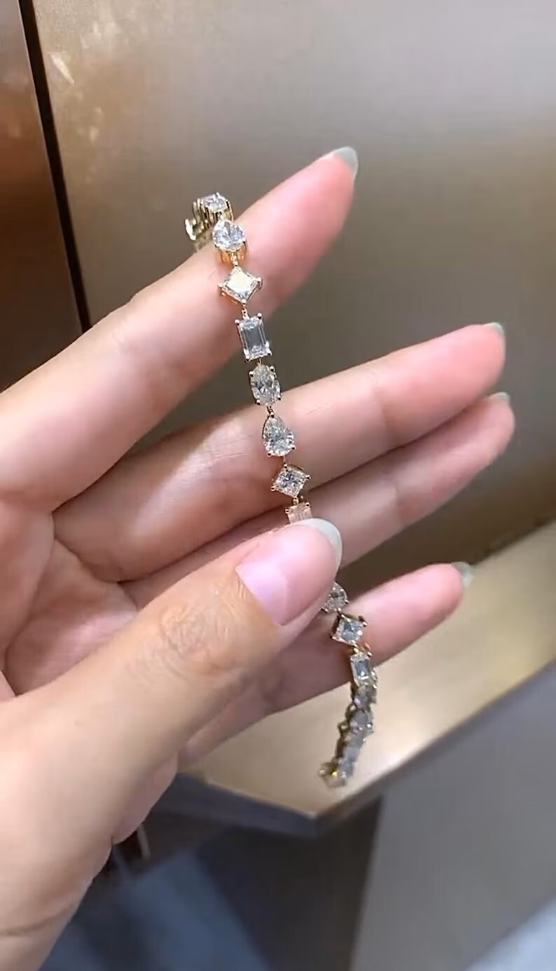 Multi Shape Link Chain Bracelet 925 Silver Lab created Moissanite gift Bracelet