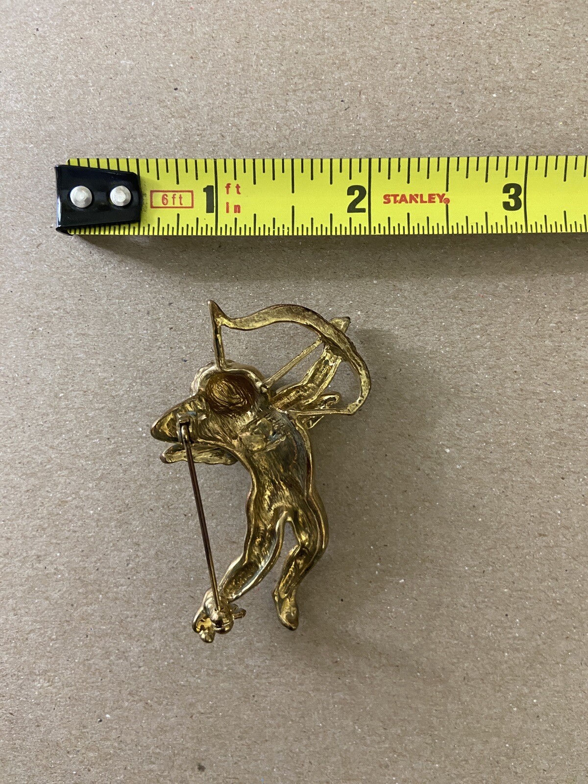 Gold Tone Rhinestone Cupid with Bow Valentine Pin brooch 2 1/8 in Jewelry