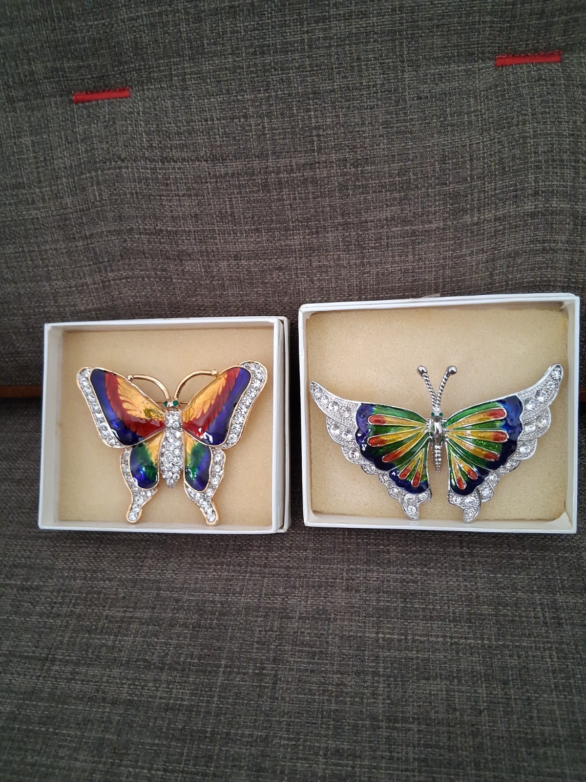 3-1/2″ Vintage Butterfly Enamel Rhinestone Brooches with Boxes