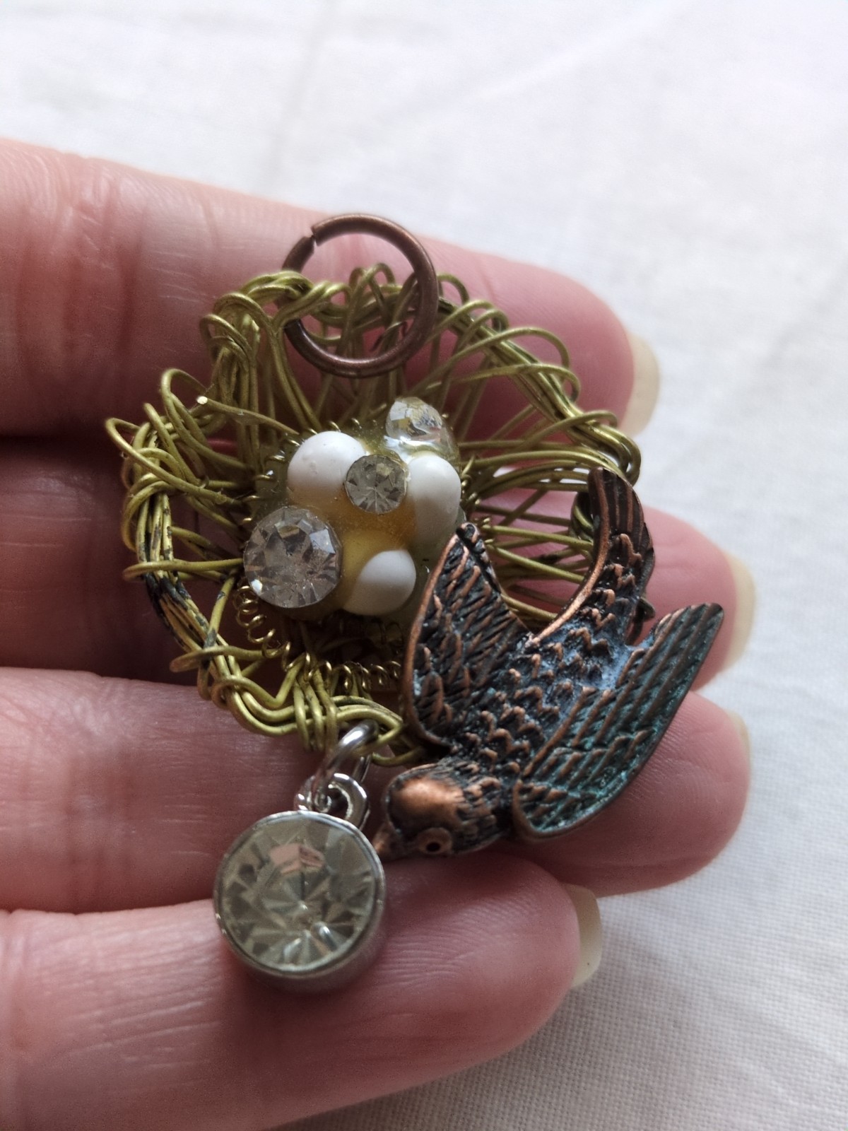 VTG Wirework Bird Nest W/Copper Bird, Eggs And Rhinestones Accents Pendant, 2″
