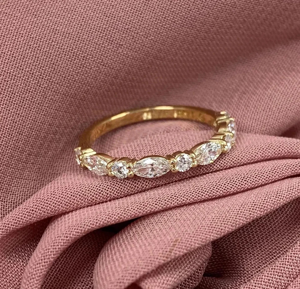 Diamond Band Round & Marquise Cut 0.7 Ct 14k Yellow Gold Lab Grown VVS E F CVD