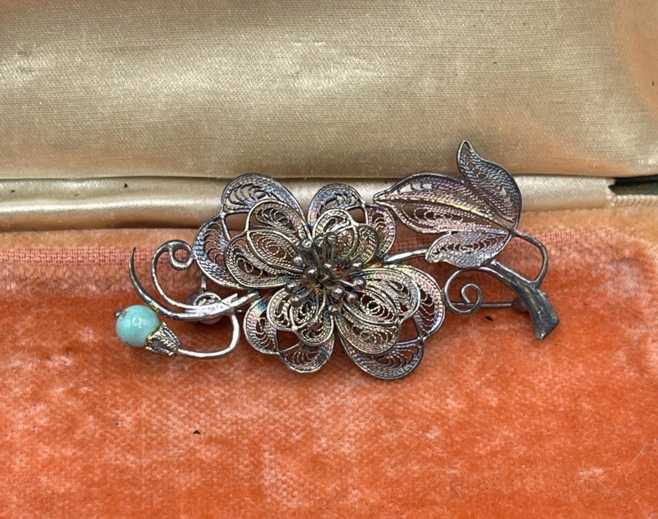 VTG Sterling Silver Filigree Flower Brooch. Signed Silver. Chinese Export? 5.46g