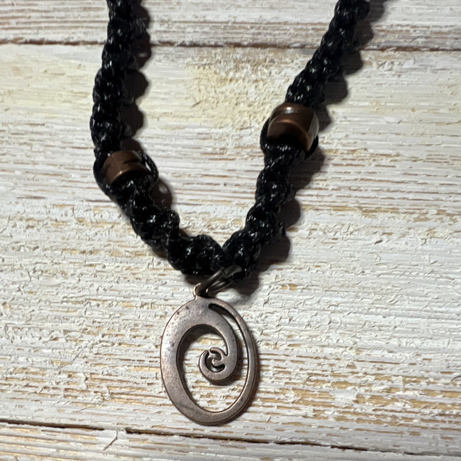 Black Rope Cord Beaded Necklace w/ Spiral Charm Pendant & Toggle Closure