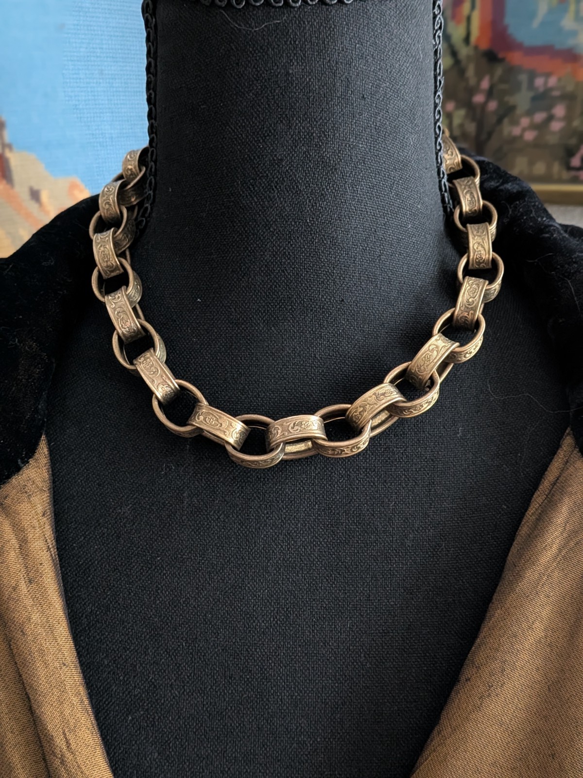 Antique Victorian Revival Brass Belcher Chain Necklace-Signed Germany