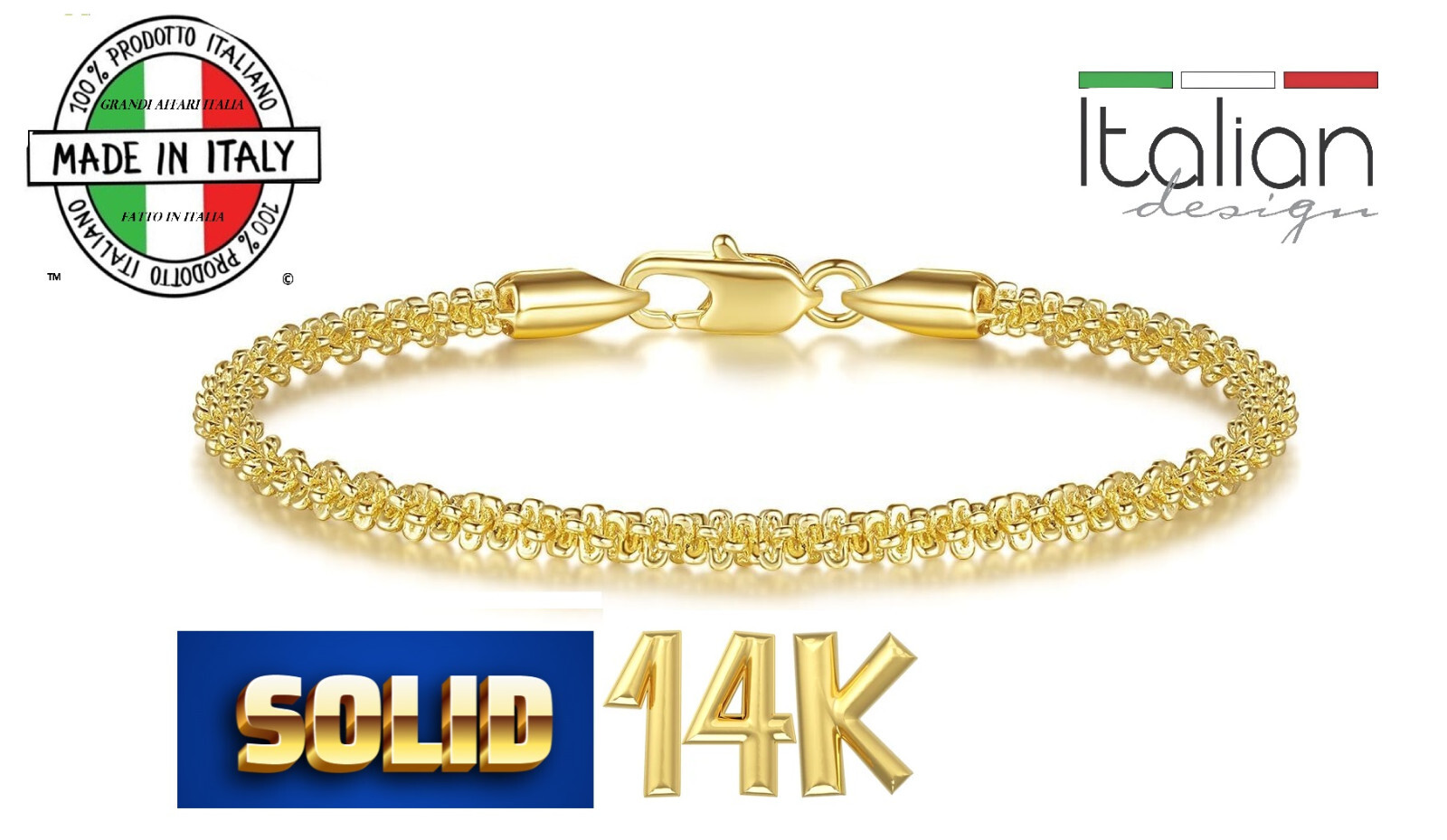 Italian 14k Gold Bracelet Corda a Stella Star Rope Solid Sparkling Italia 6.5 in