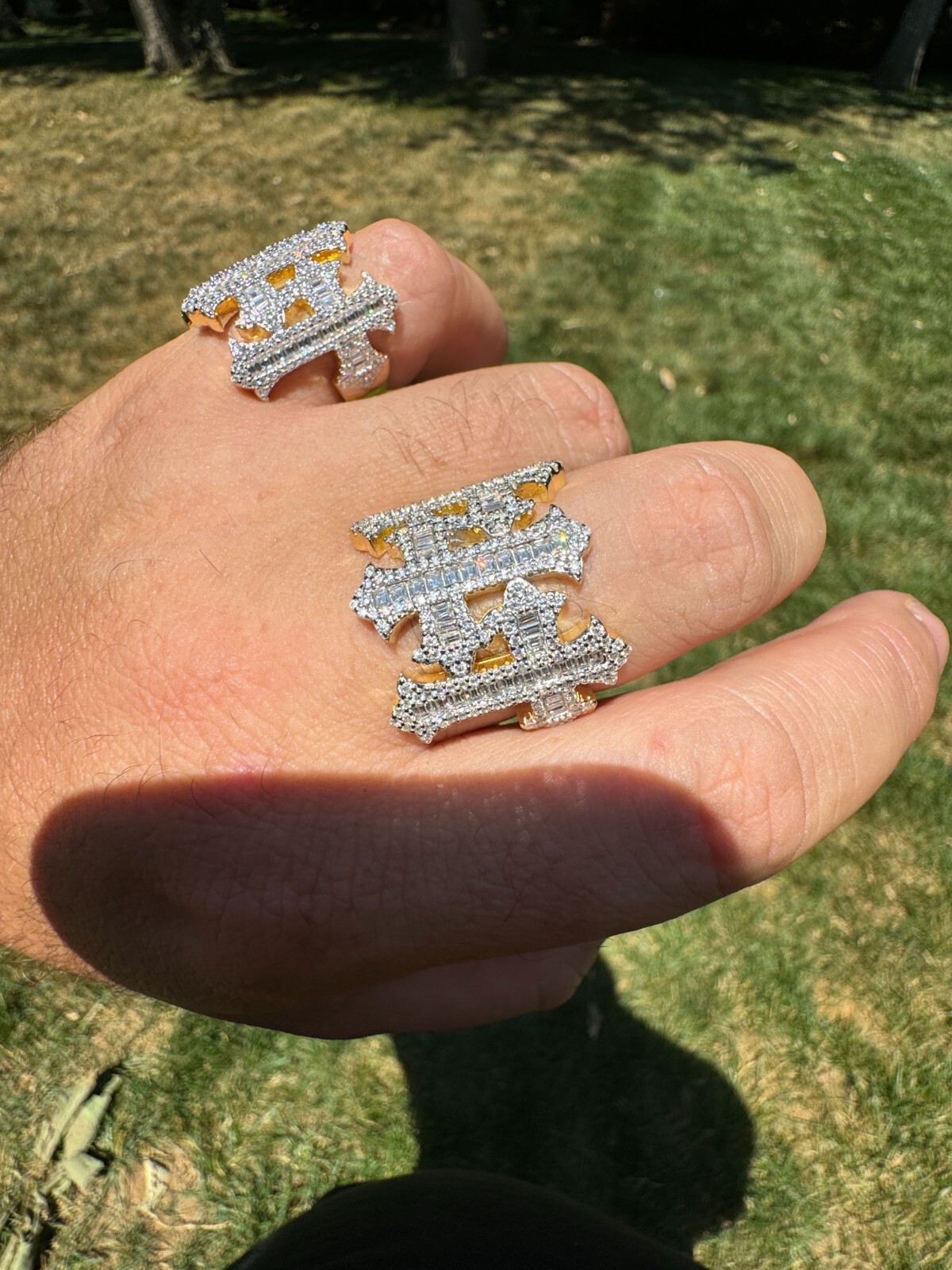 MOISSANITE Iced Real Baguette Gothic Three Cross Ring Solid 14K Gold 925 Silver