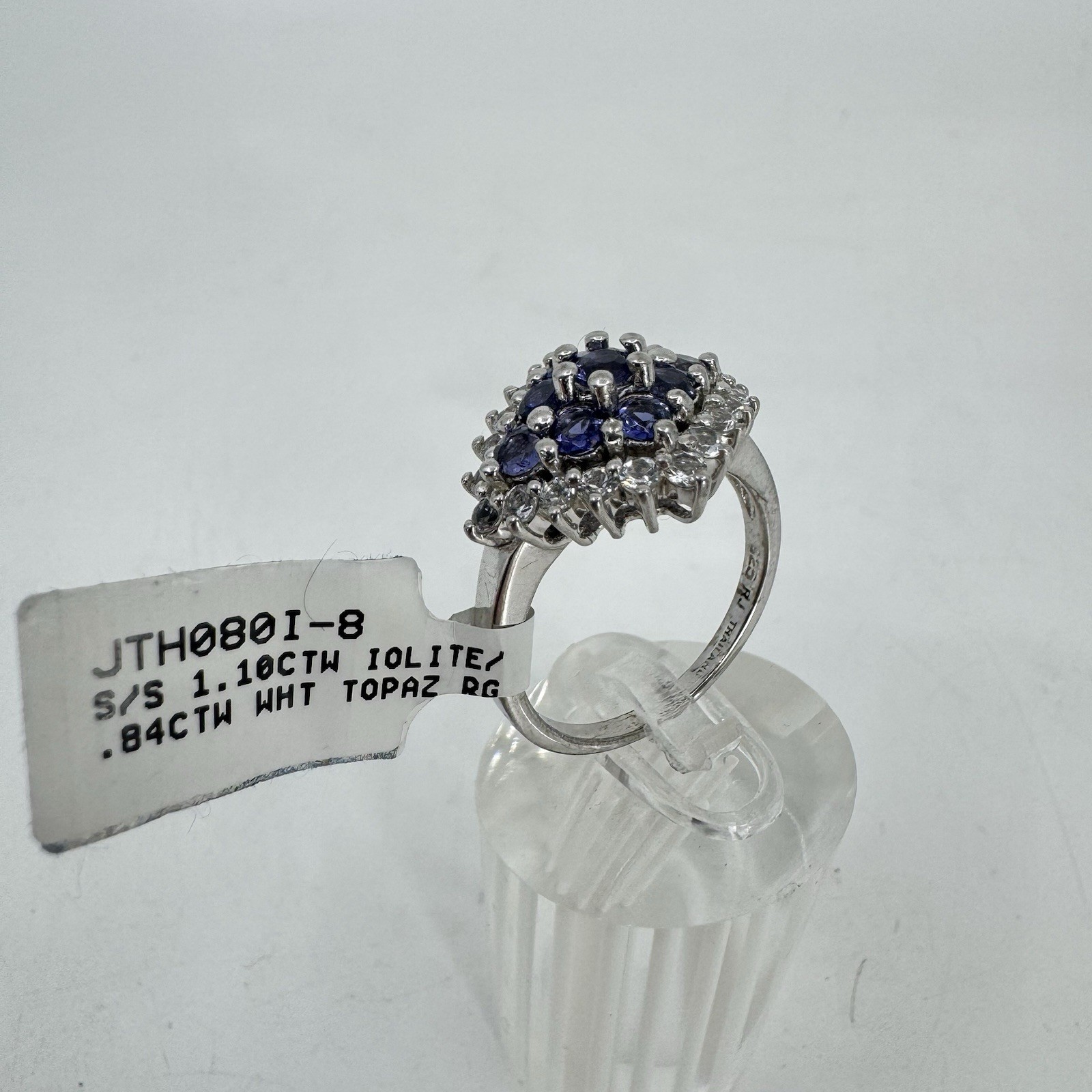 Sterling Silver 1.1ctw Iolite & 0.84tcw White Topaz Cluster Ring NOS W/ Box Sz 8