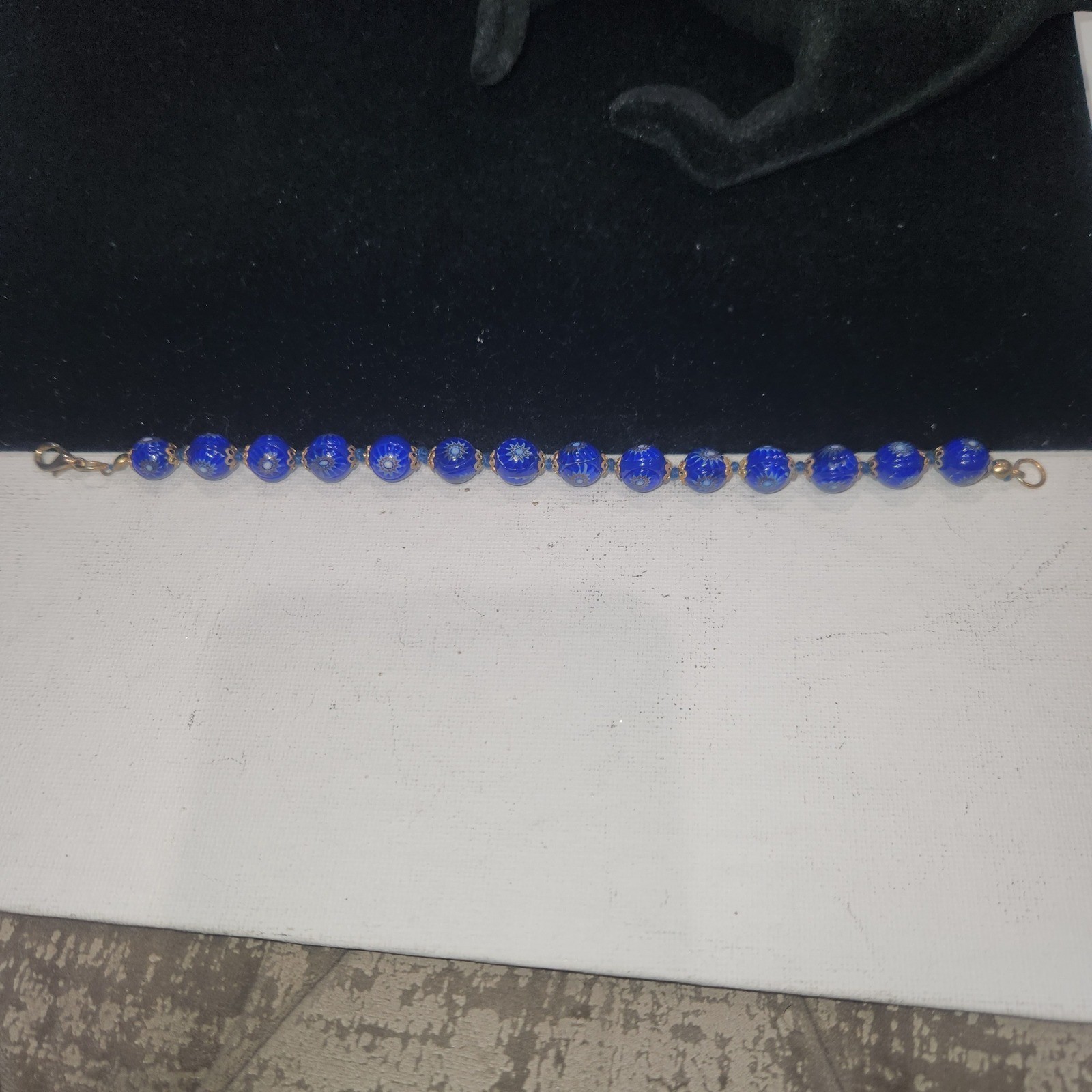 Vintage Venetian Millefiori Glass Bead Bracelet Cobalt Blue Gold Tone 7Inch