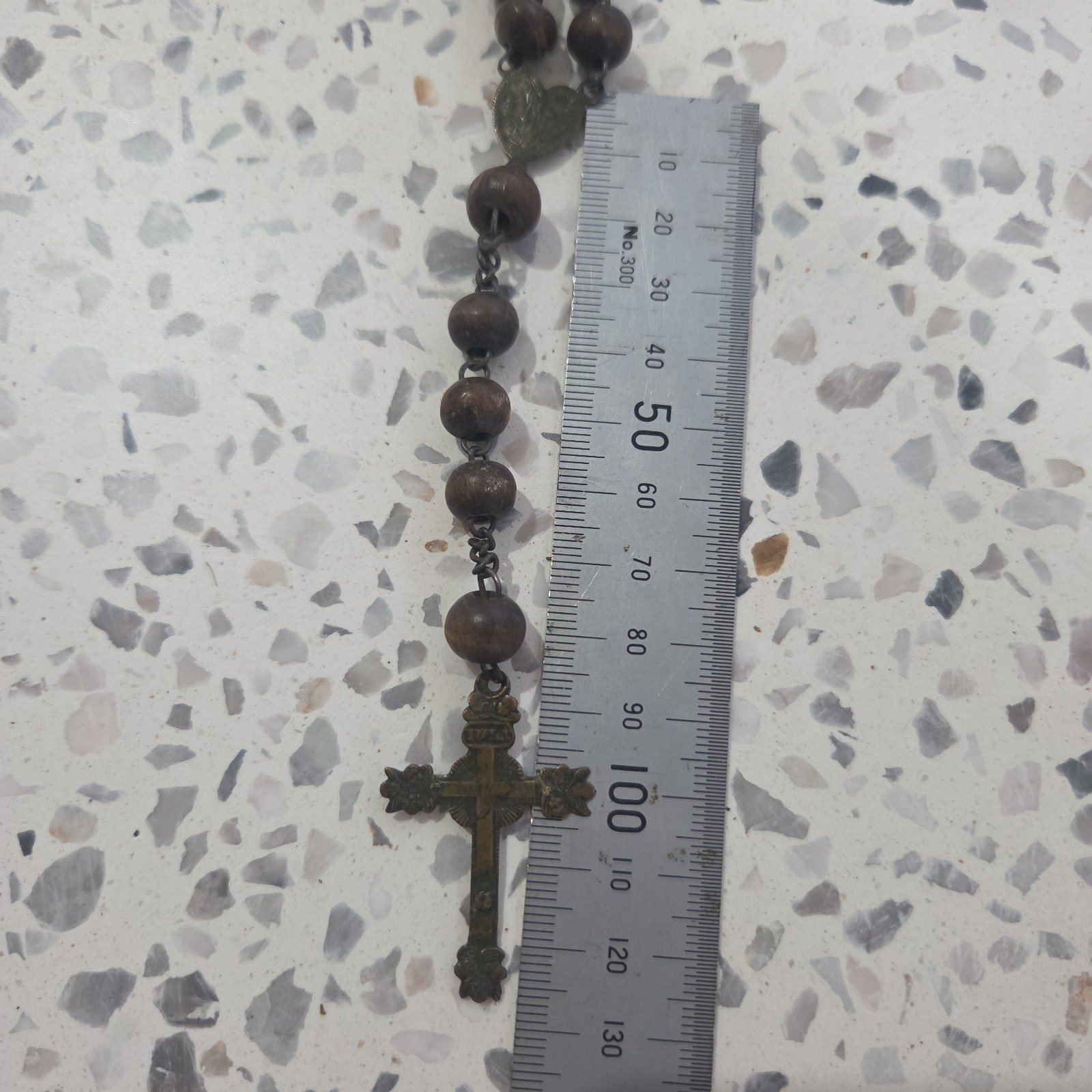 Antique French Wood Brass Rosary Beads & Cross 72cm Necklace 13cm To Cross