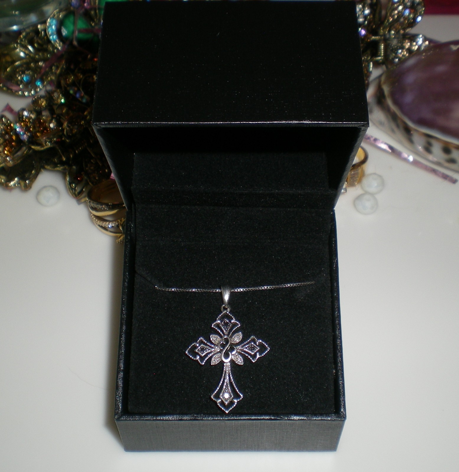 Jane Seymour SS Open Hearts Gothic CROSS 1/6ct Diamond Necklace 💎 KAY BOX 💎
