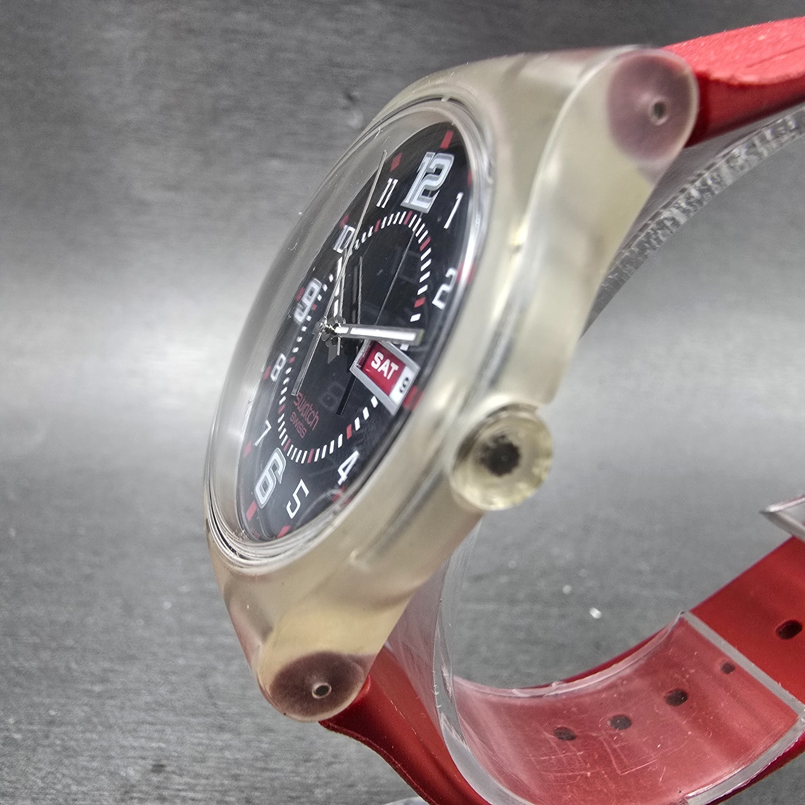 Swatch Ruby Touch Watch Men 38mm Black Dial Clear Case Daydate Round New Battery
