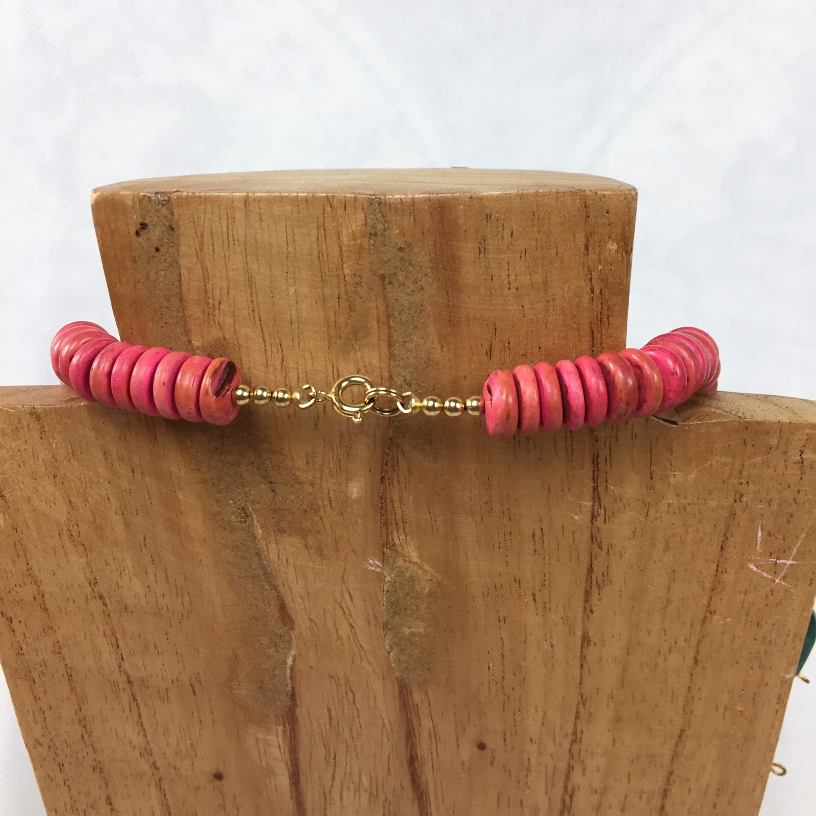 Vtg Tropical Wood Paradise Pink Leaf Necklace Womens Chunky Choker Necklace