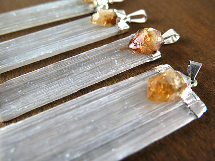 Selenite Citrine Chakra Crystal Pendant CHARGED 925 Sterling Silver Necklace Hea