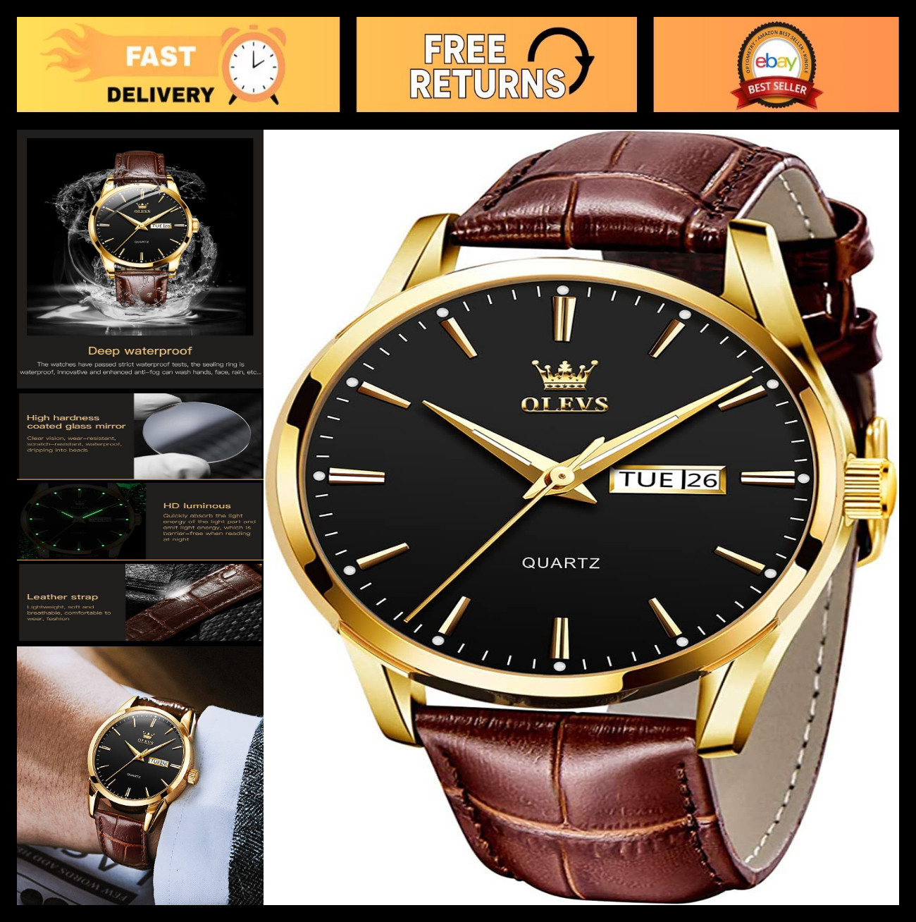 Ultra Thin Men’s Leather Watch 6.5mm Minimalist Waterproof Date Dress Casual