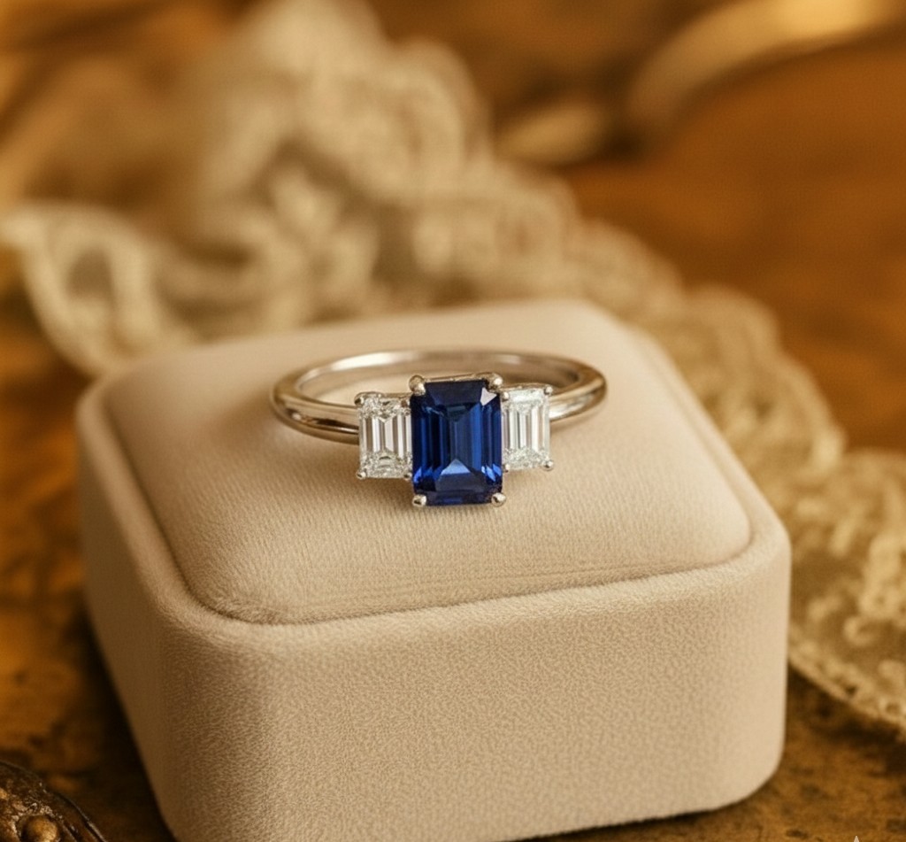 3.51 Ct Emerald Cut Natural Sapphire Diamond Wedding Ring 14K Solid Yellow Gold