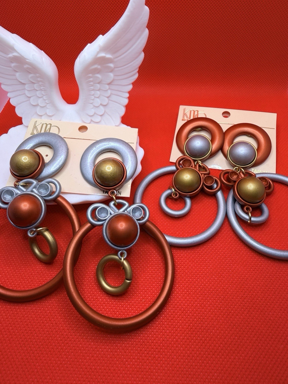 LOT OF 10 VINTAGE KMQ STATEMENT EARRINGS |OVERSIZED Multi Colors Gold Push Back