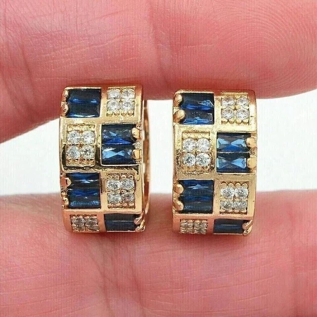 Inside Outside Earring In 14K Yellow Gold Plated Baguette Cut Simulated Sapphire