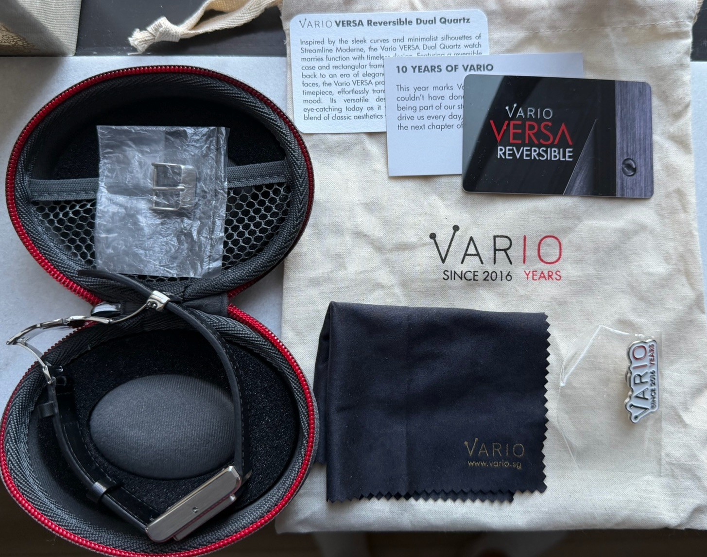Vario VERSA Reversible Dual Time Silver-Black Enamel Quartz Watch