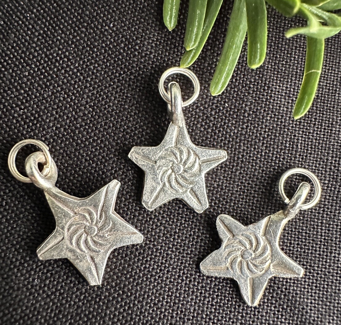 3- Karen Hill Tribe Handmade Silver Star Charms 97-99% PURE FINE SILVER x3 Stars