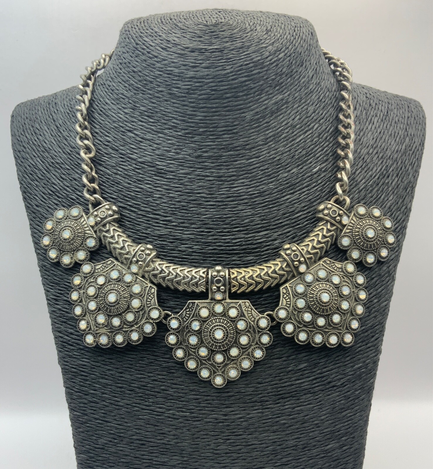 Steampunk Textured Metal Necklace Bib Silver Tone White Stone Textured