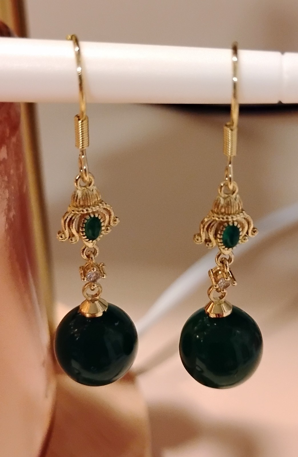 Gold Jade Round Bead Dangle/Drop Hook Earrings , At least 1OK Gold Plated