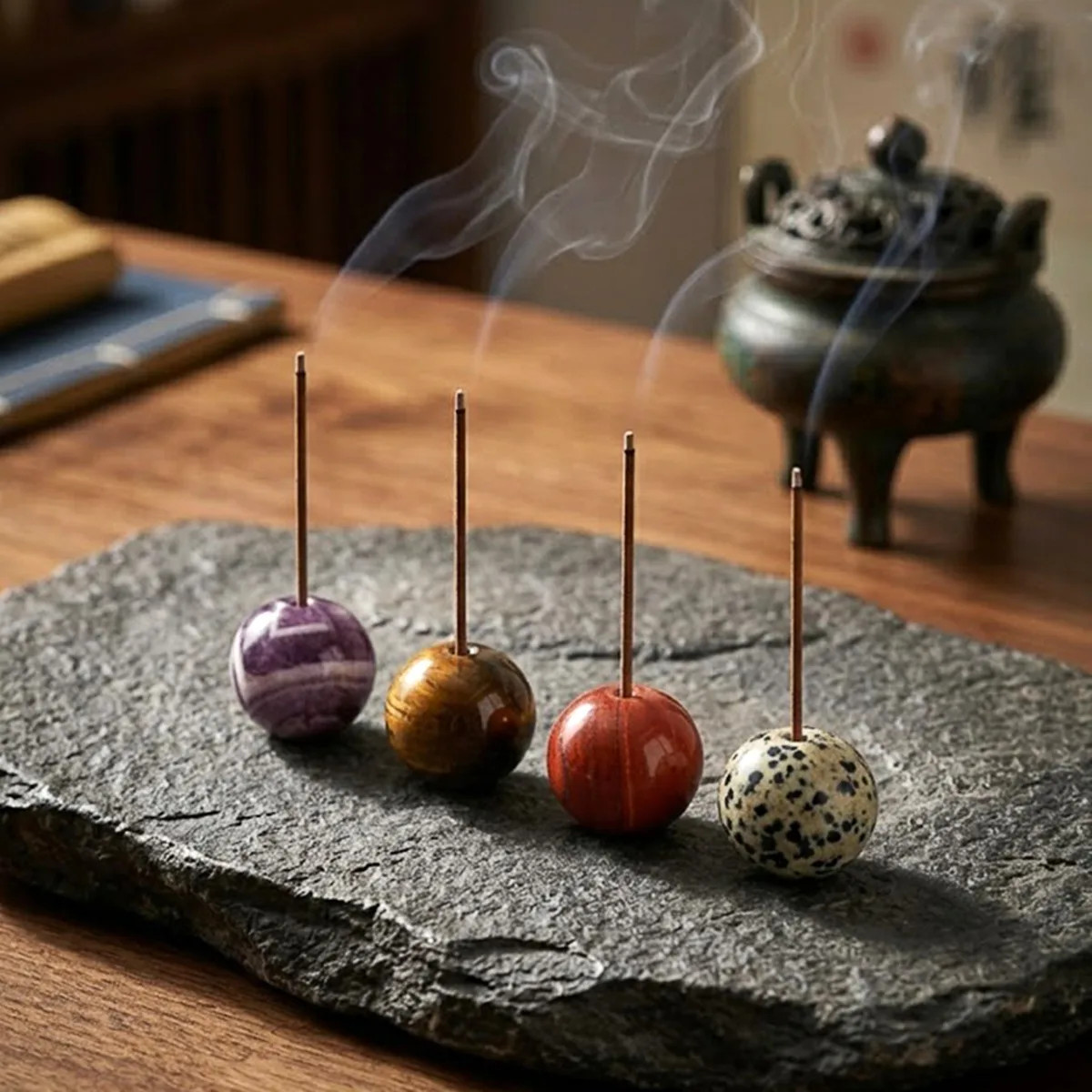 6PCS 25MM Stone Sphere Incense Holder Meditation Yoga Office Home Decor In Bag