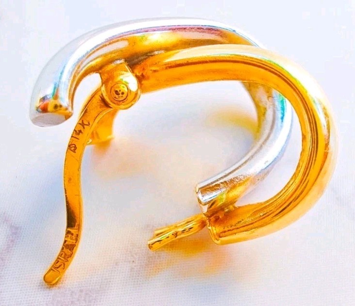 14K Two‑Tone Gold X‑Design Earrings • 2.50g • Snap‑Bar • Marked 14K Israel