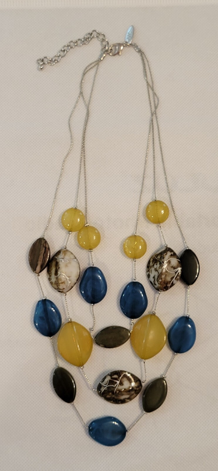 VINTAGE NY SILVER YELLOW BLUE BROWN MULTI 3 STRAND NECKLACE – VERY Nice Colorful