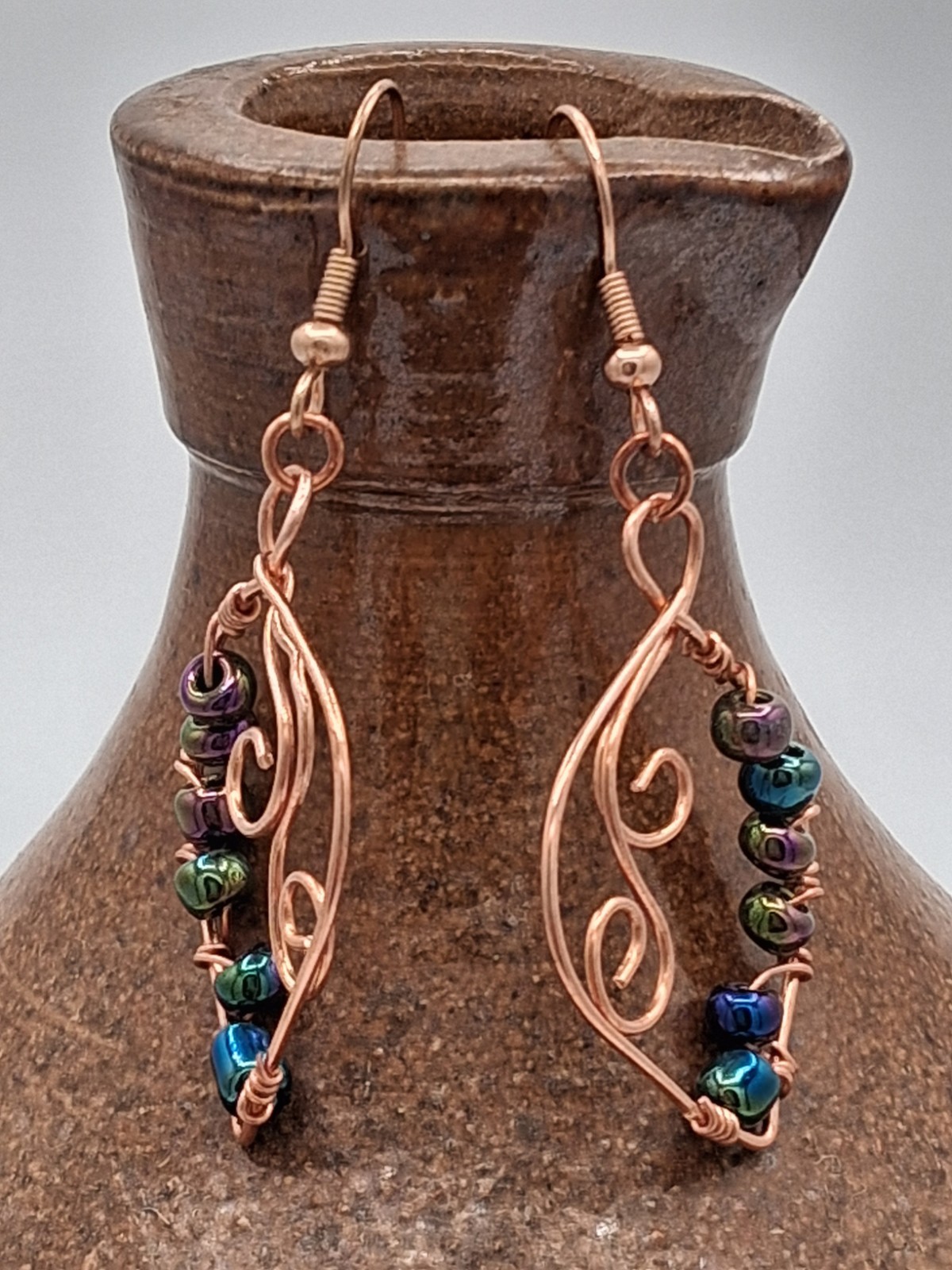 Handcrafted Copper Wire Wrapped Dangle Earrings, Multicolor Glass Beads Earwire