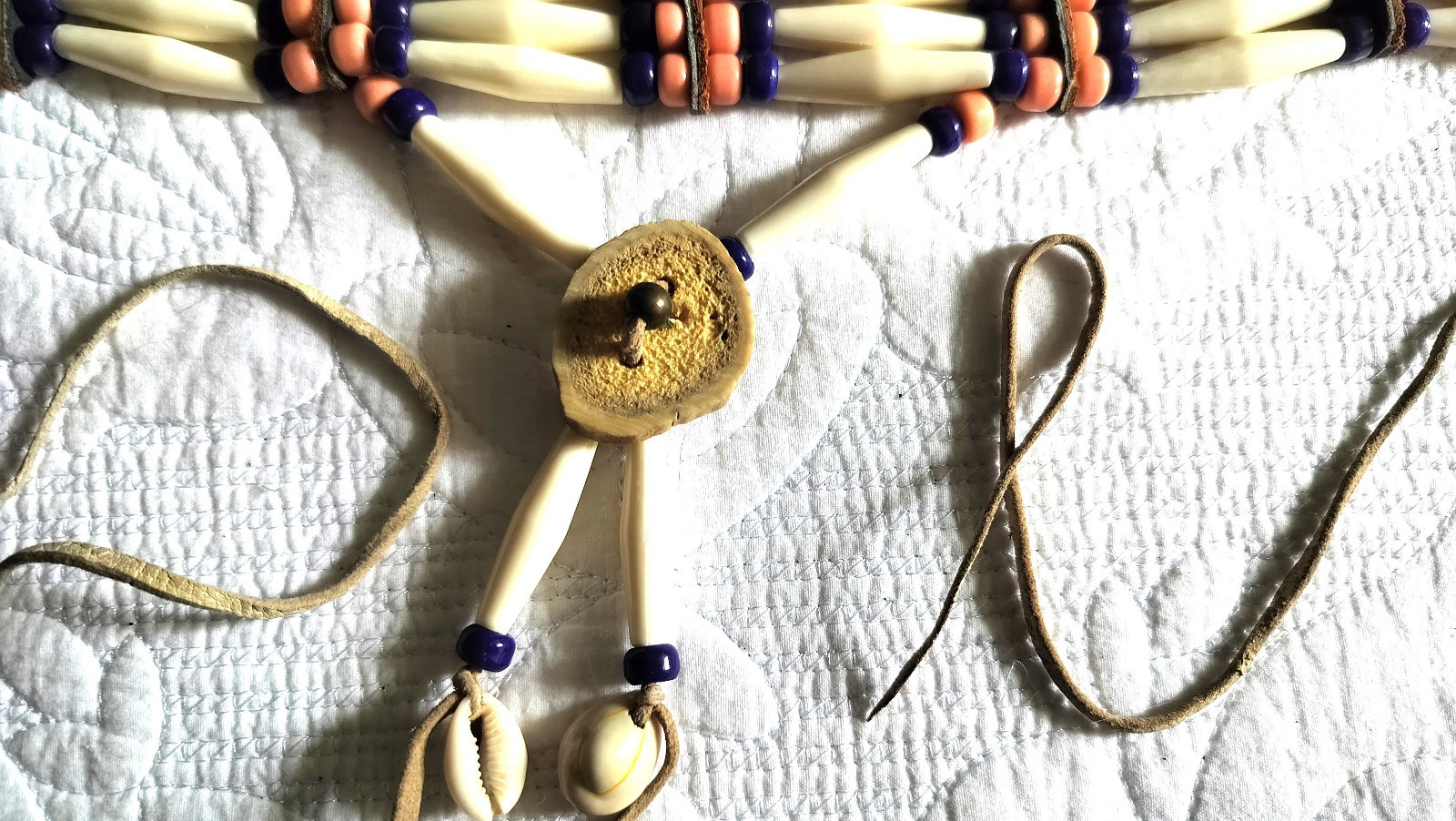 Vintage Native American Buffalo Bone Abalone Beads Leather Choker Necklace VGC!