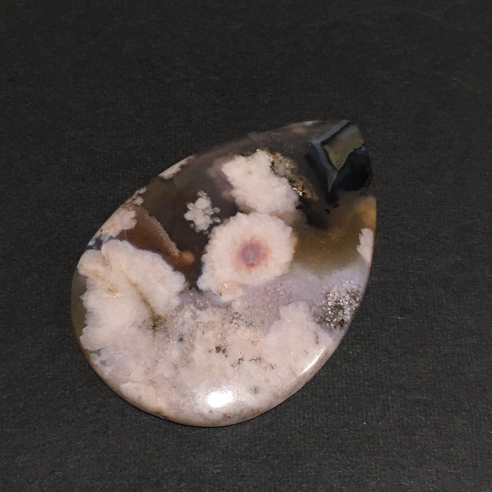 48×32.9×4.5mm Fine Collectors’ Flower Picture Plume Agate Teardrop Cabochon Gem