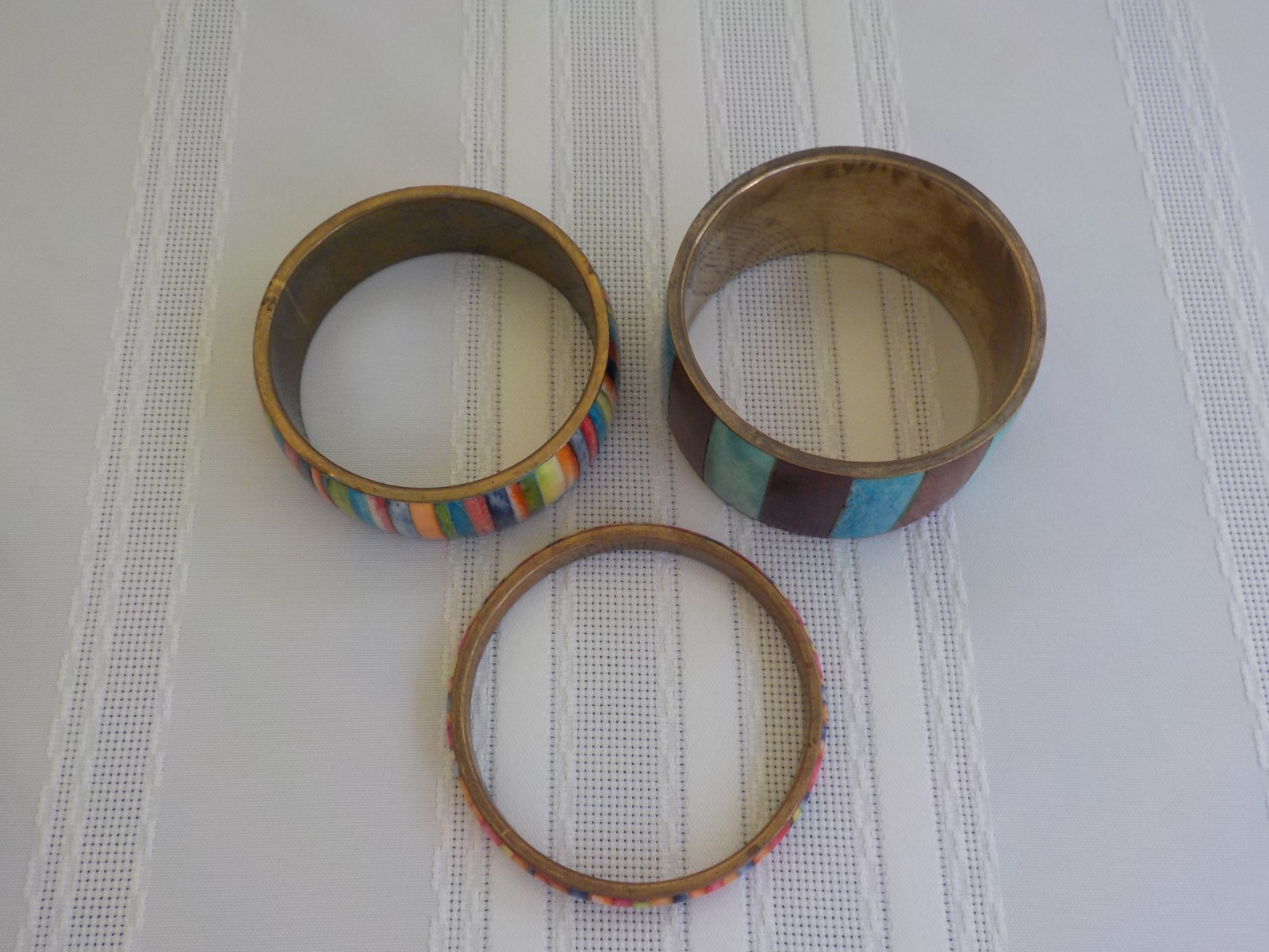 Wood & Dyed Unknown Bangle Bracelet Total 3 Metal Striped Multi Color Variety