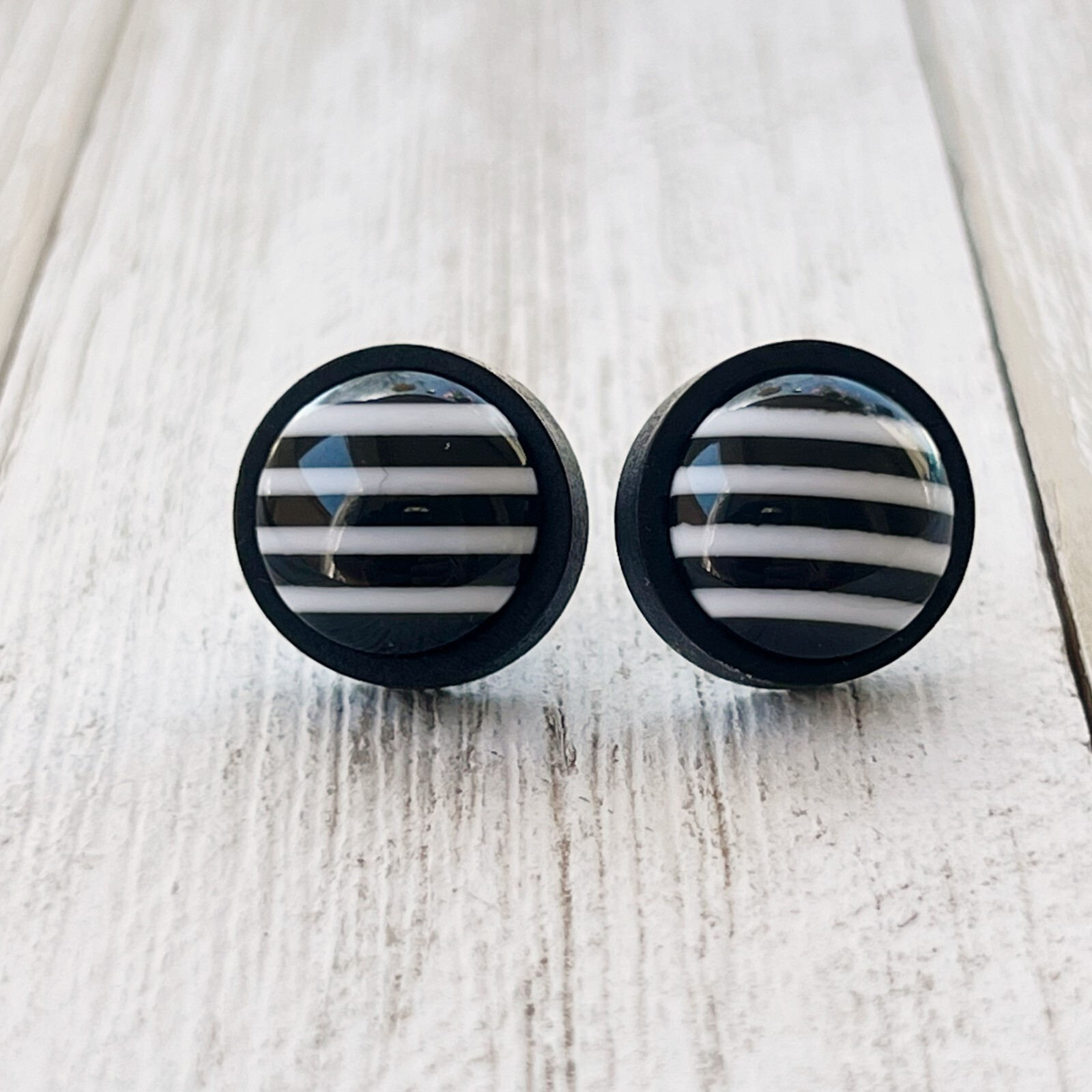 Black and White Striped Stud Earrings Black Wood Stainless Steel Post Earrings