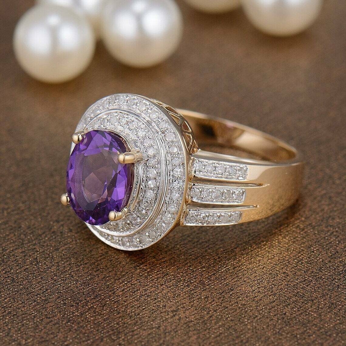Gorgeous Wedding Ring Oval Cut Simulated Purple Amethyst 14k Yellow Gold Plated