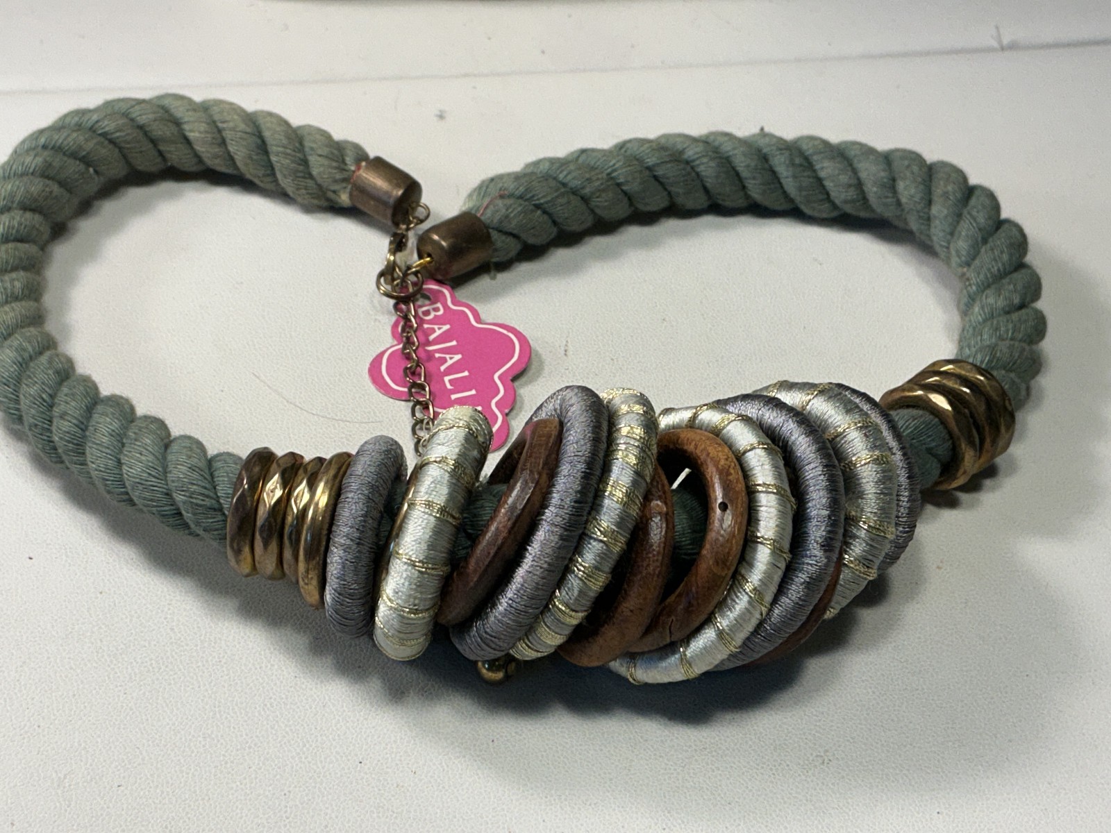Fashion Necklace Dusty Blue Twist Rope Silk Wrap Coconut Rings INdia? Lot 82C