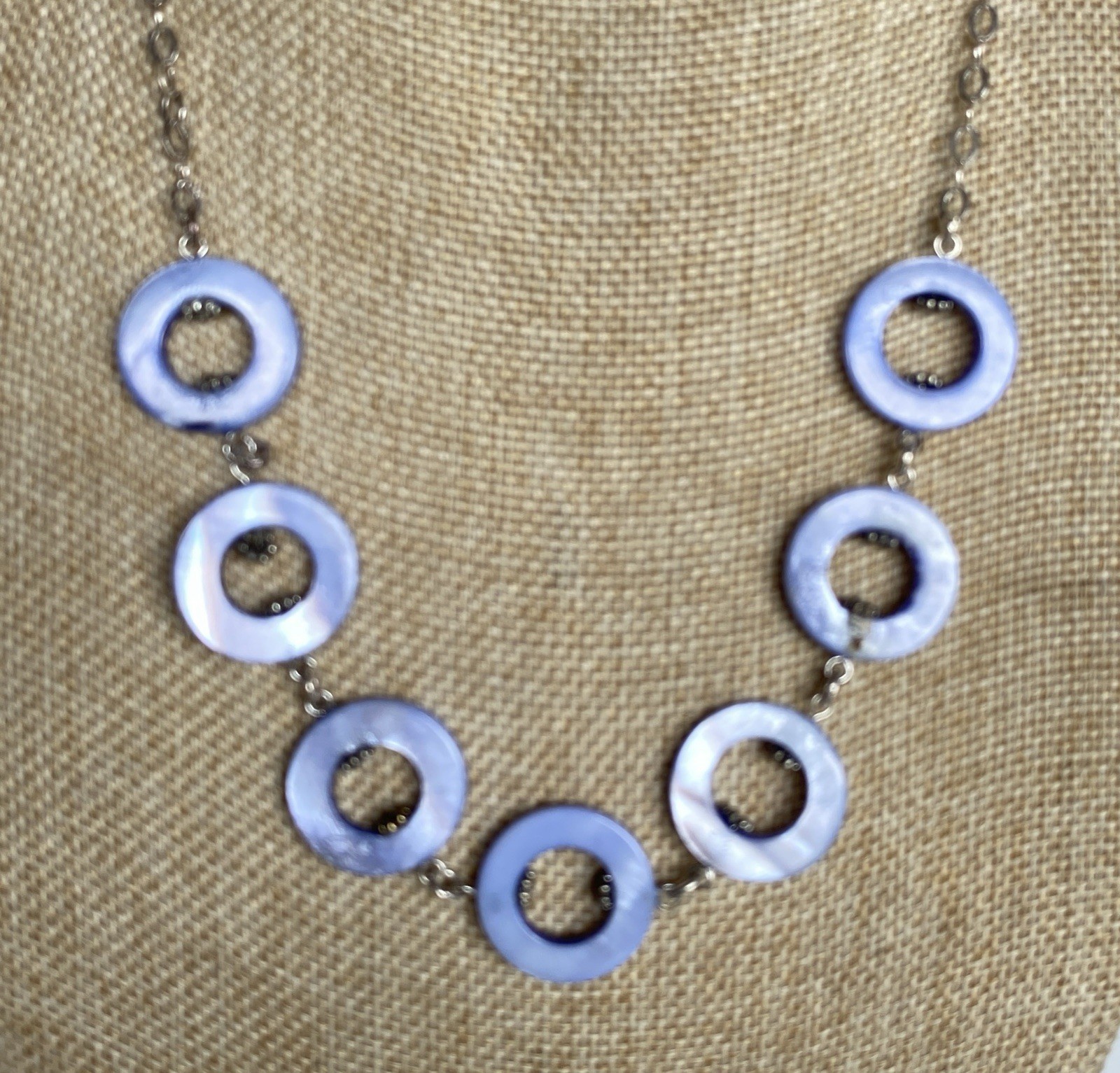 Periwinkle Blue Mother of Pearl Disc and Sterling Silver 925 Necklace 19″L