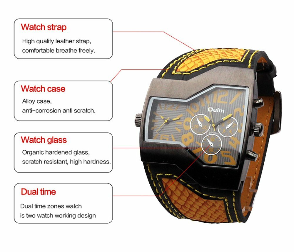 Military Dual Time Zone Irregular Dial Leather Band Men Sport Quartz Wrist Watch