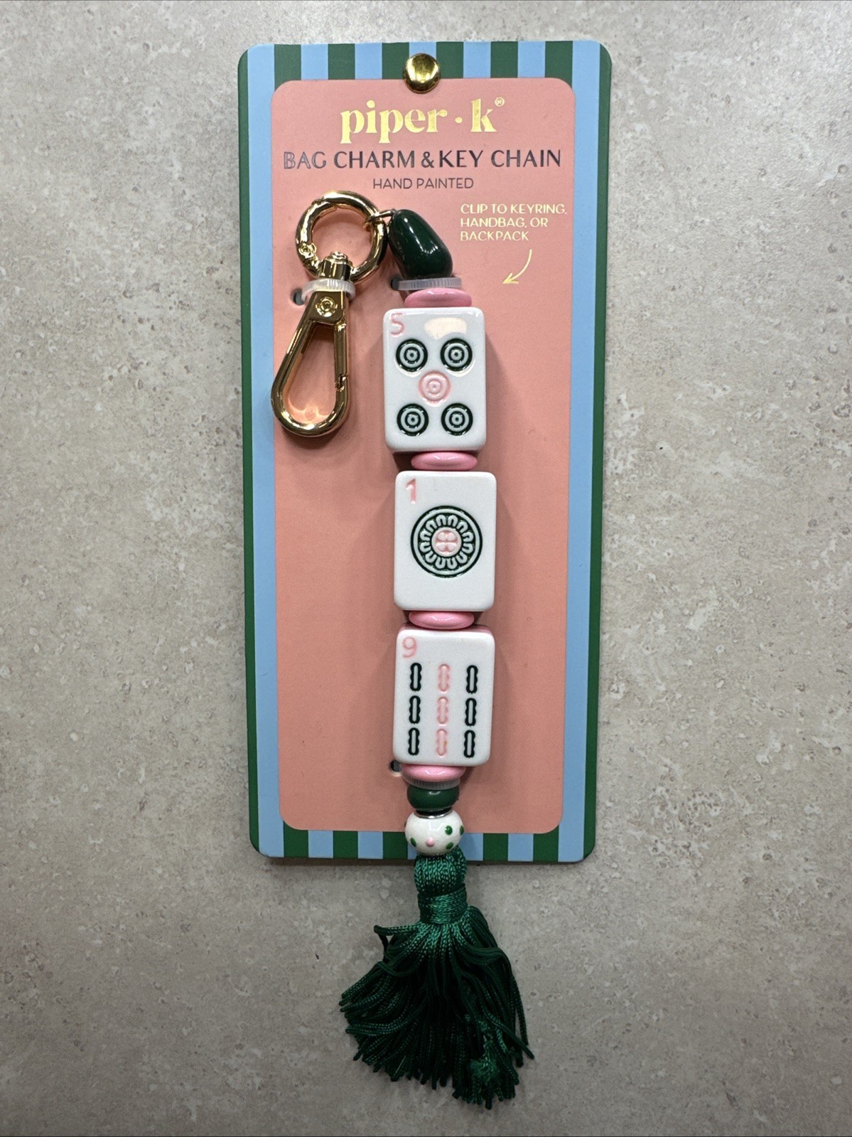 Piper K whimsical pink green mahjong game tile motif keychain bag charm