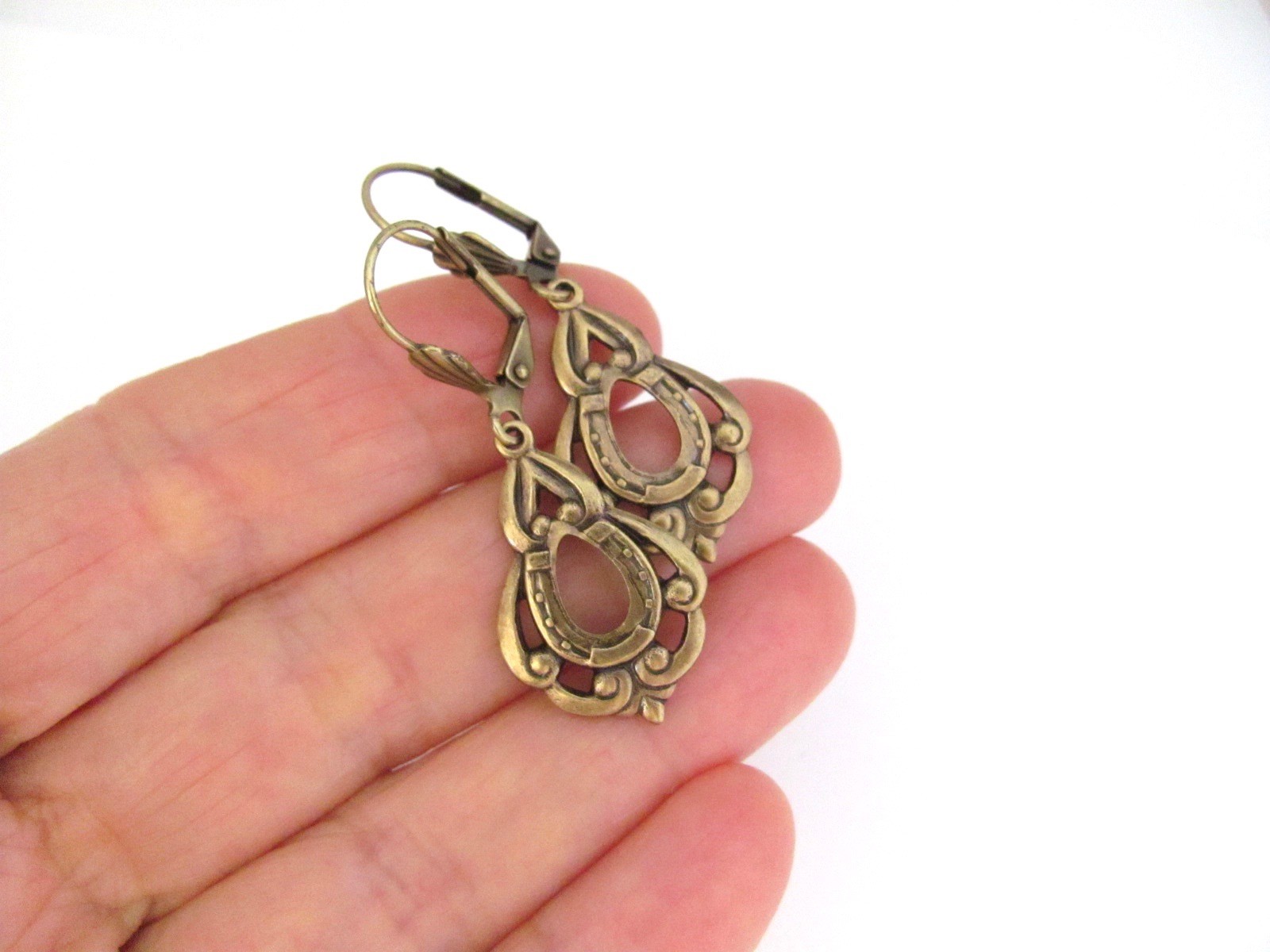 ART DECO Earrings Vintage Design Lucky Horse Shoe Antiqued Brass Gift for Her