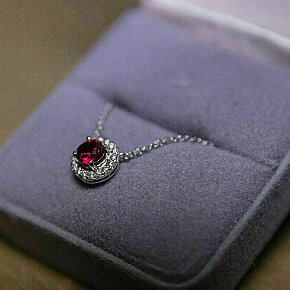 Round Cut Simulated Red Garnet Women’s Halo Fancy Pendant 14K White Gold Plated